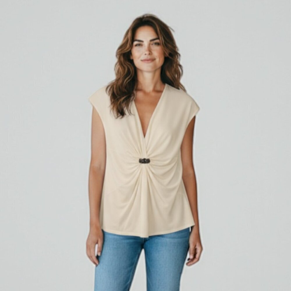 Velvet Cream Rayon Jersey Gathered Jeweled Cap Sleeve Top Size Large AS IS